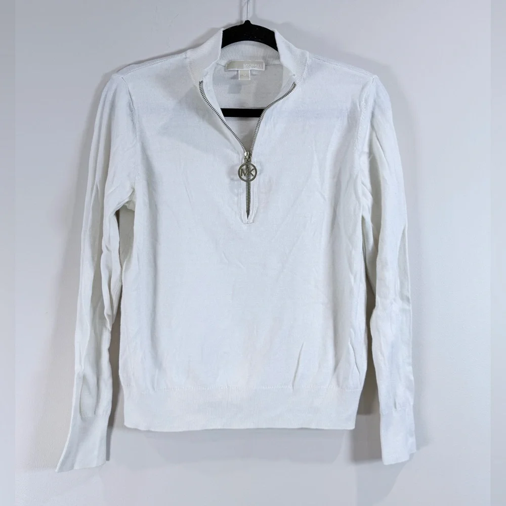 🔥Michael Kors White Half-Zip Pullover Sweater with Logo Pull Size M EC🔥